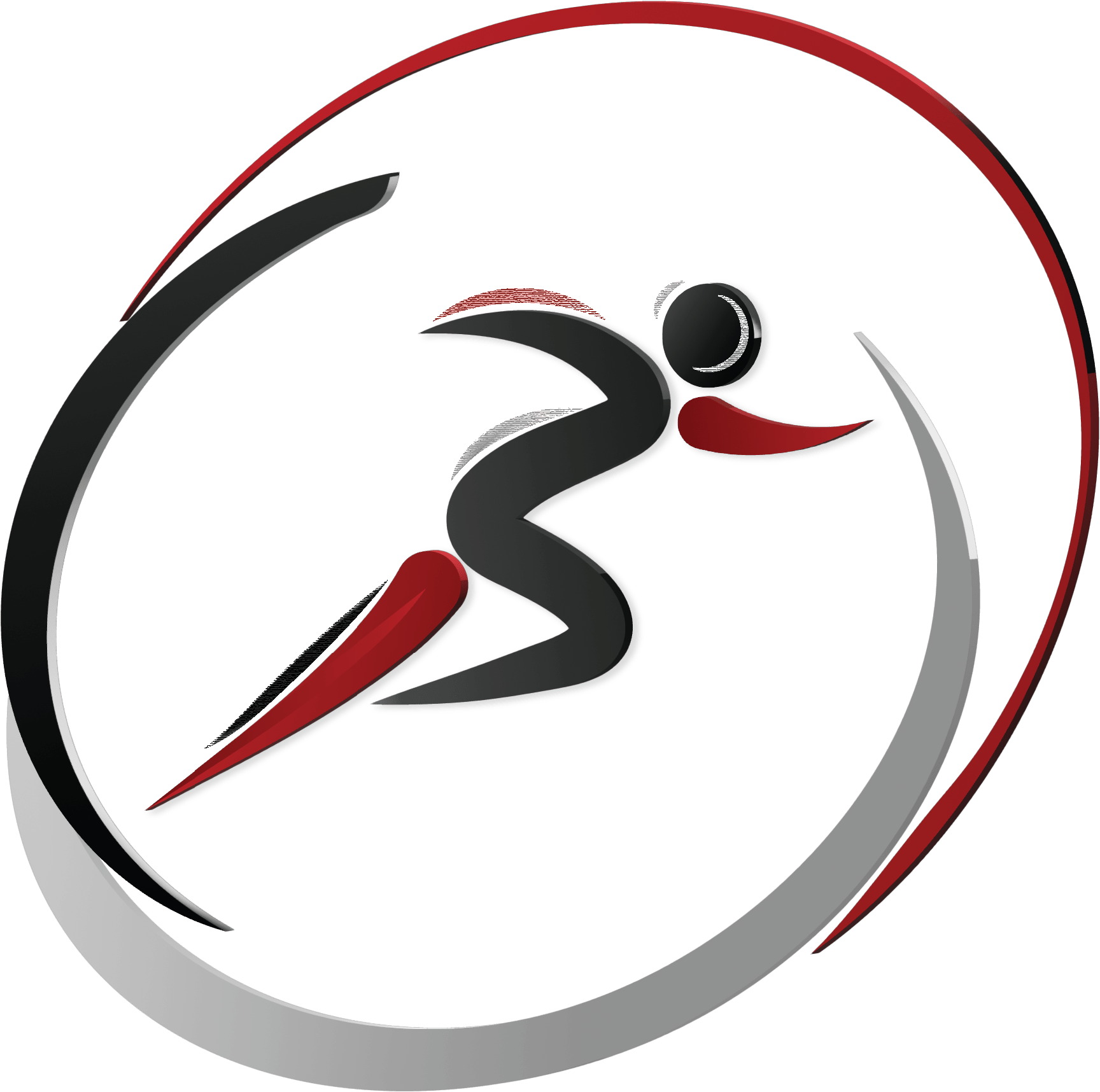 A logo of a person running with a whirlwind around them.