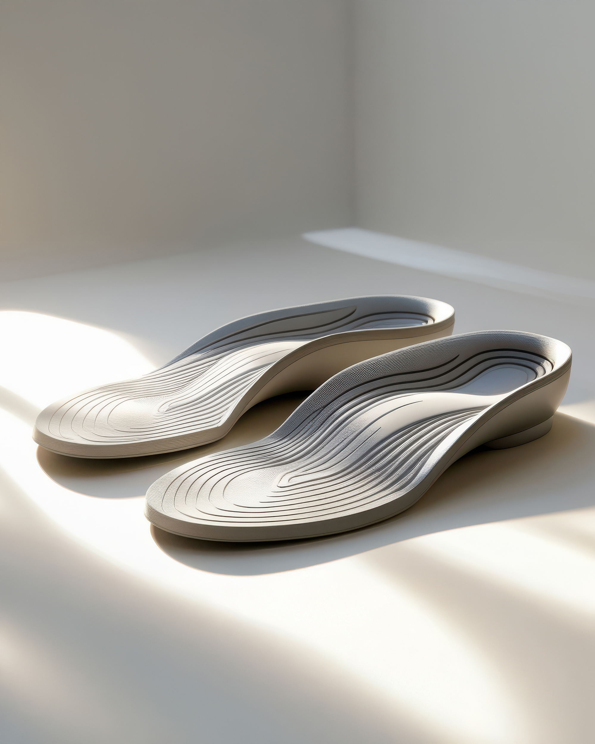 A set of orthotic shoe inserts. 